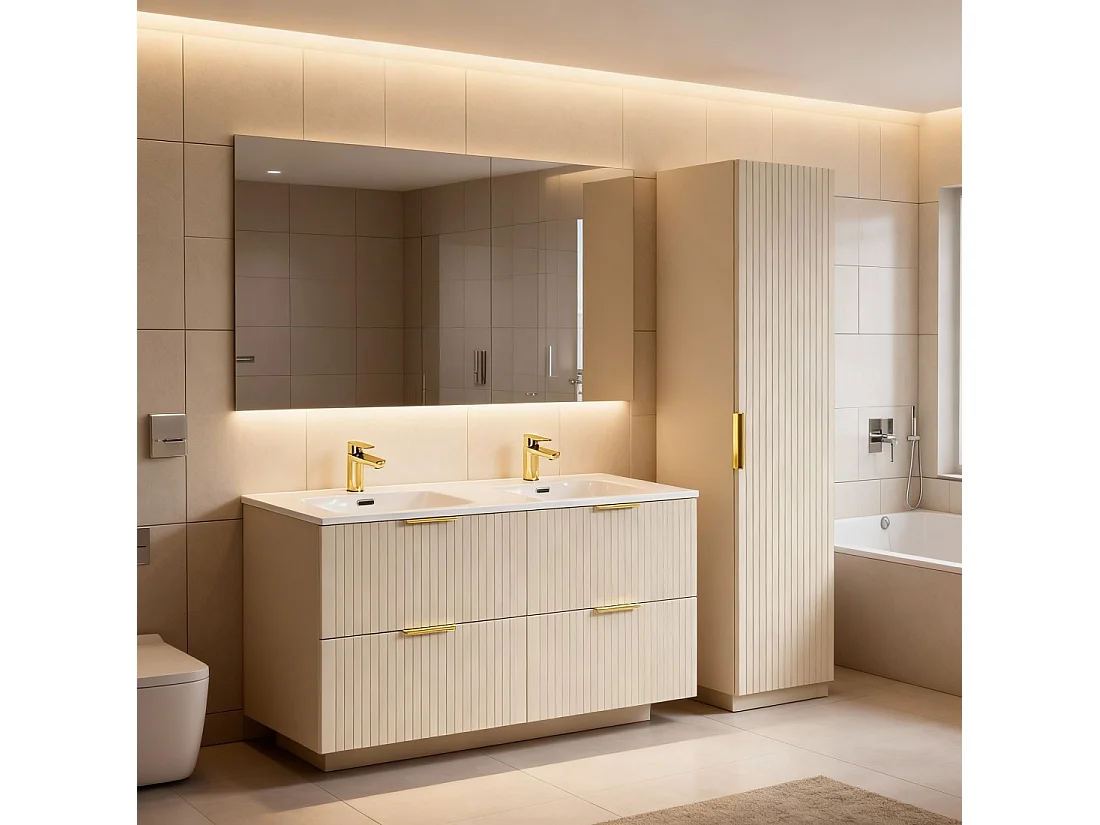 Ensemble de salle de bains NOXERA 120 cm – Marron congo – Double vasque + colonne suspendue