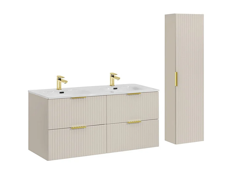 Ensemble de salle de bains NOXERA 120 cm – Marron congo – Double vasque + colonne suspendue