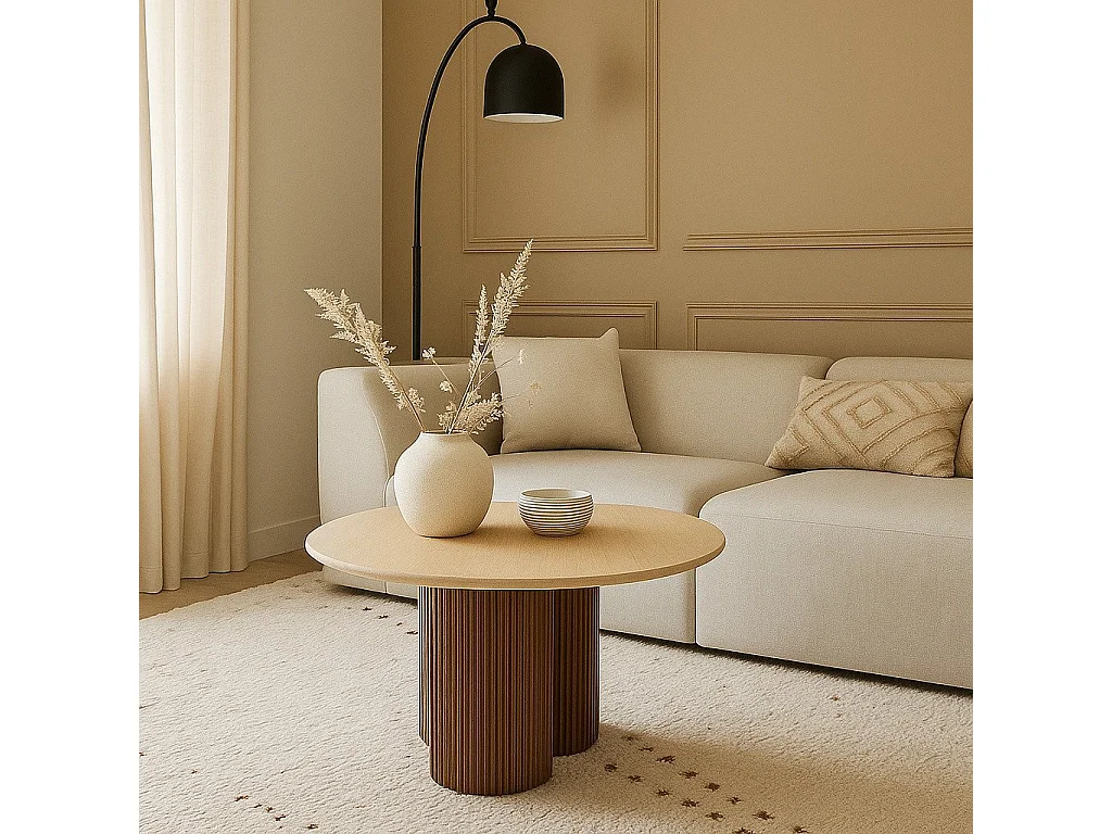 Petite table basse ronde 80 cm travertin et bois ZACK