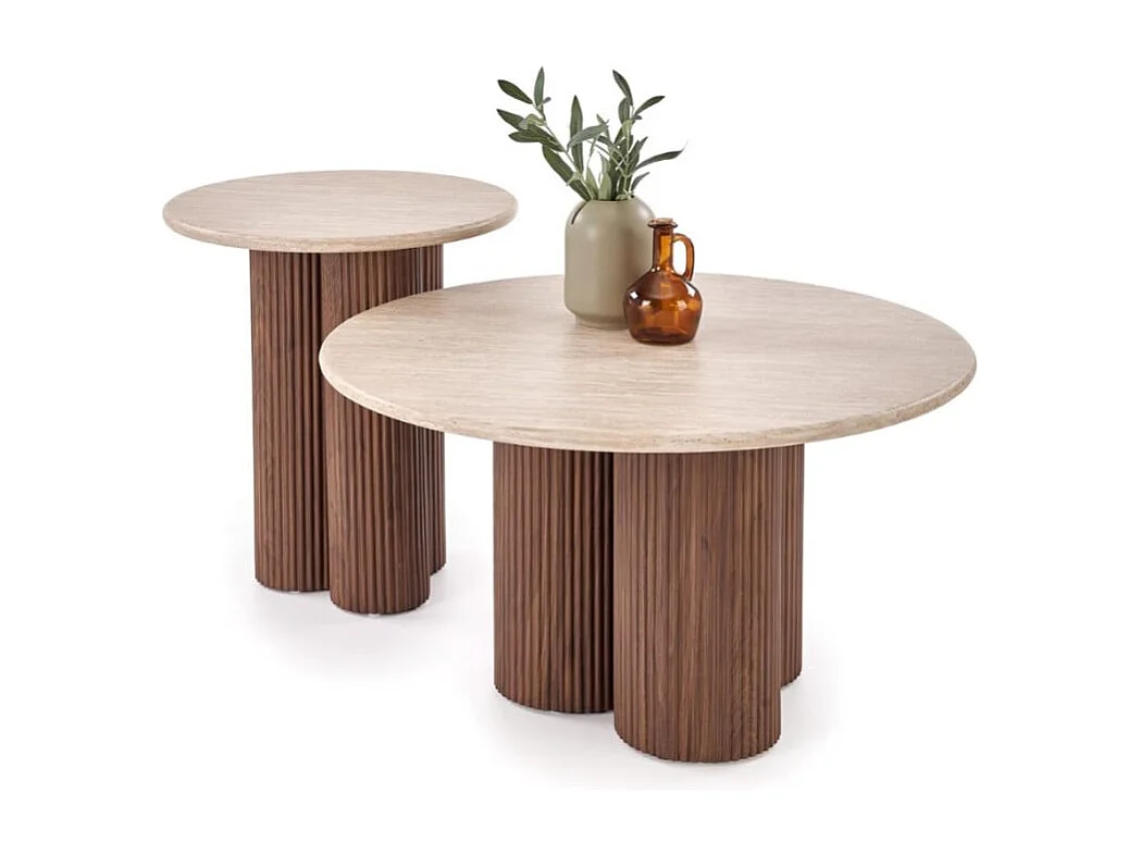Petite table basse ronde 80 cm travertin et bois ZACK