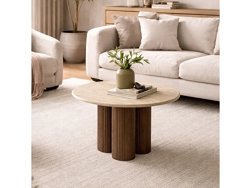 Petite table basse ronde 80 cm travertin et bois ZACK