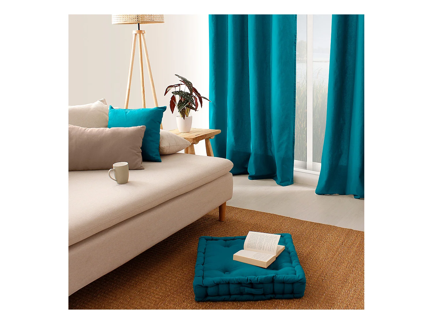 Coussin de Sol Uni "Panama" 50x50cm Bleu Canard