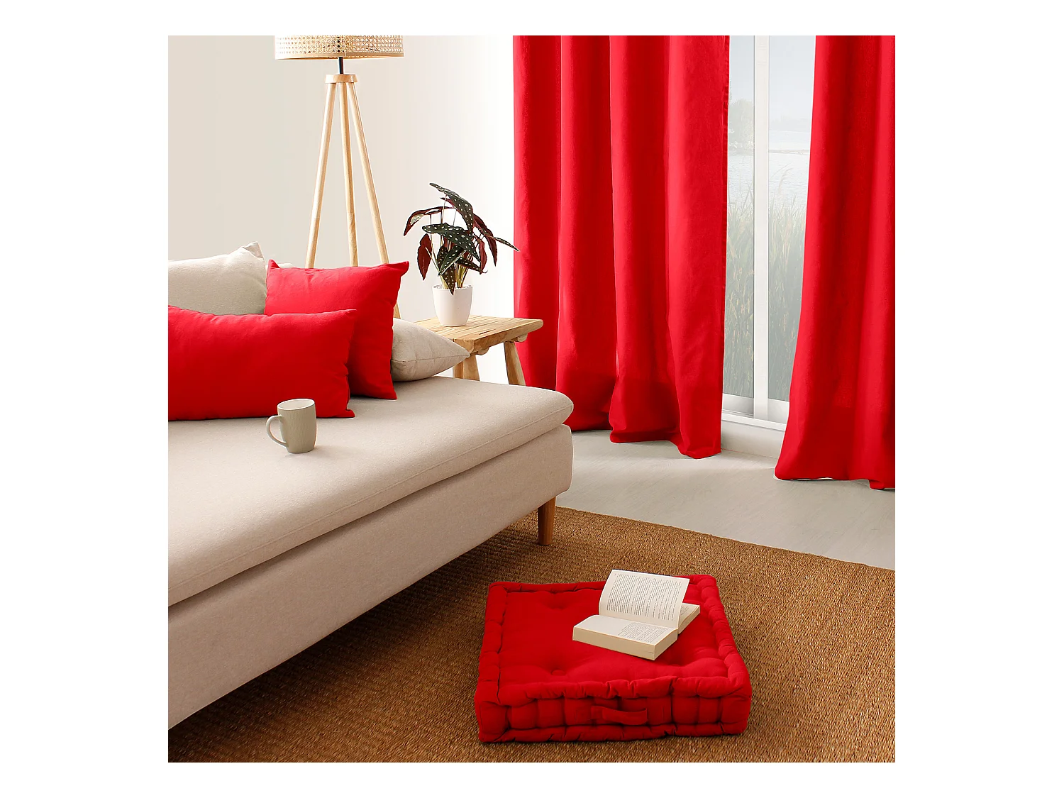 Coussin de Sol Uni "Panama" 50x50cm Rouge