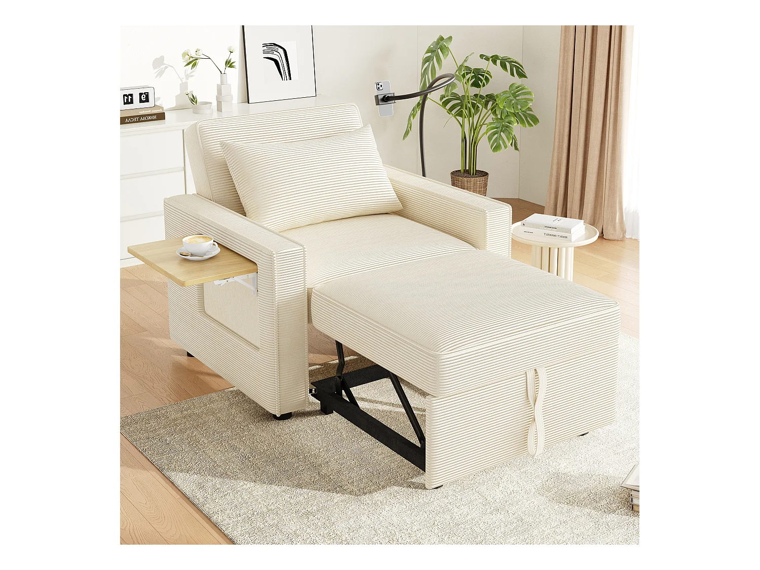 Canapé pliable avec port de chargement USB - canapé-lit 1 place convertible - 150 x 93 x 85 cm - velours - beige