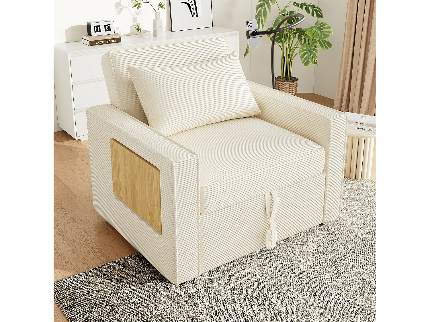 Canapé pliable avec port de chargement USB - canapé-lit 1 place convertible - 150 x 93 x 85 cm - velours - beige