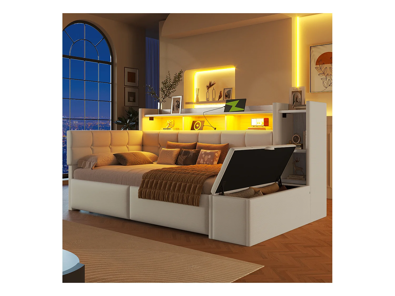 Canapé-lit 90 x 190 cm - avec 2 tiroirs + USB + étagère + banc de rangement + Leds - velours - blanc