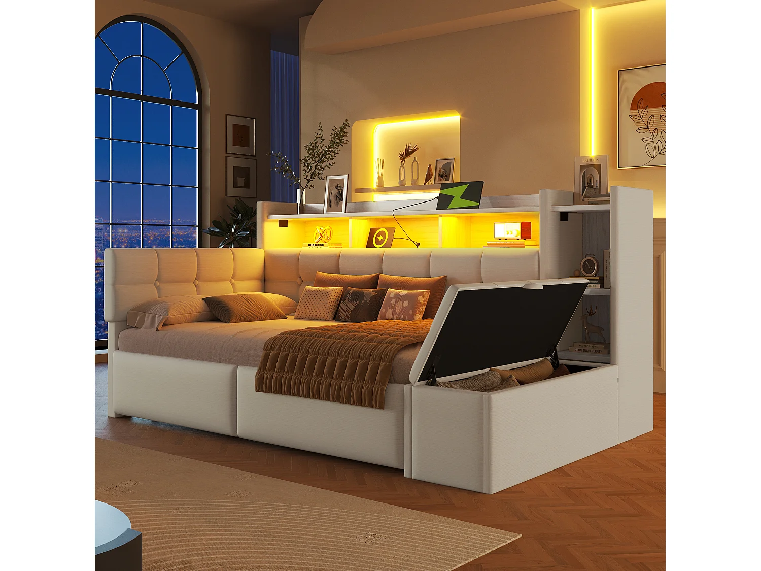 Bäddsoffa 90 x 190 cm - med 2 lådor + USB-port + hylla + förvaringsbänk + LED-lampor - sammet - vit