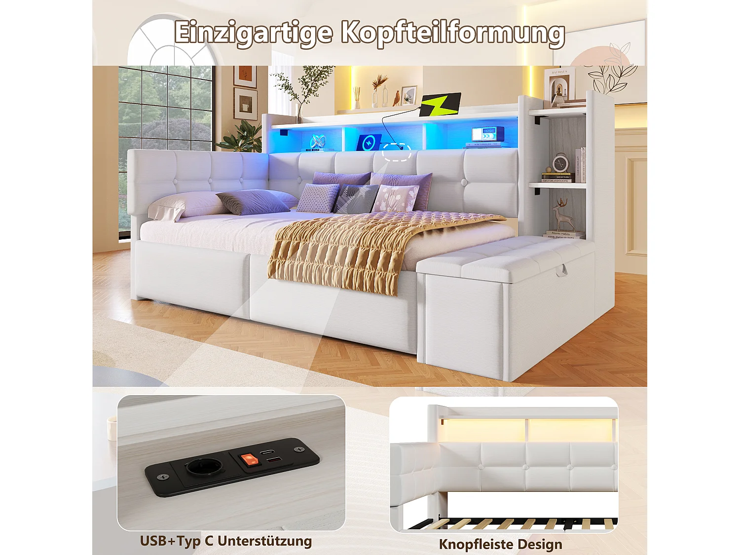 Bäddsoffa 90 x 190 cm - med 2 lådor + USB-port + hylla + förvaringsbänk + LED-lampor - sammet - vit
