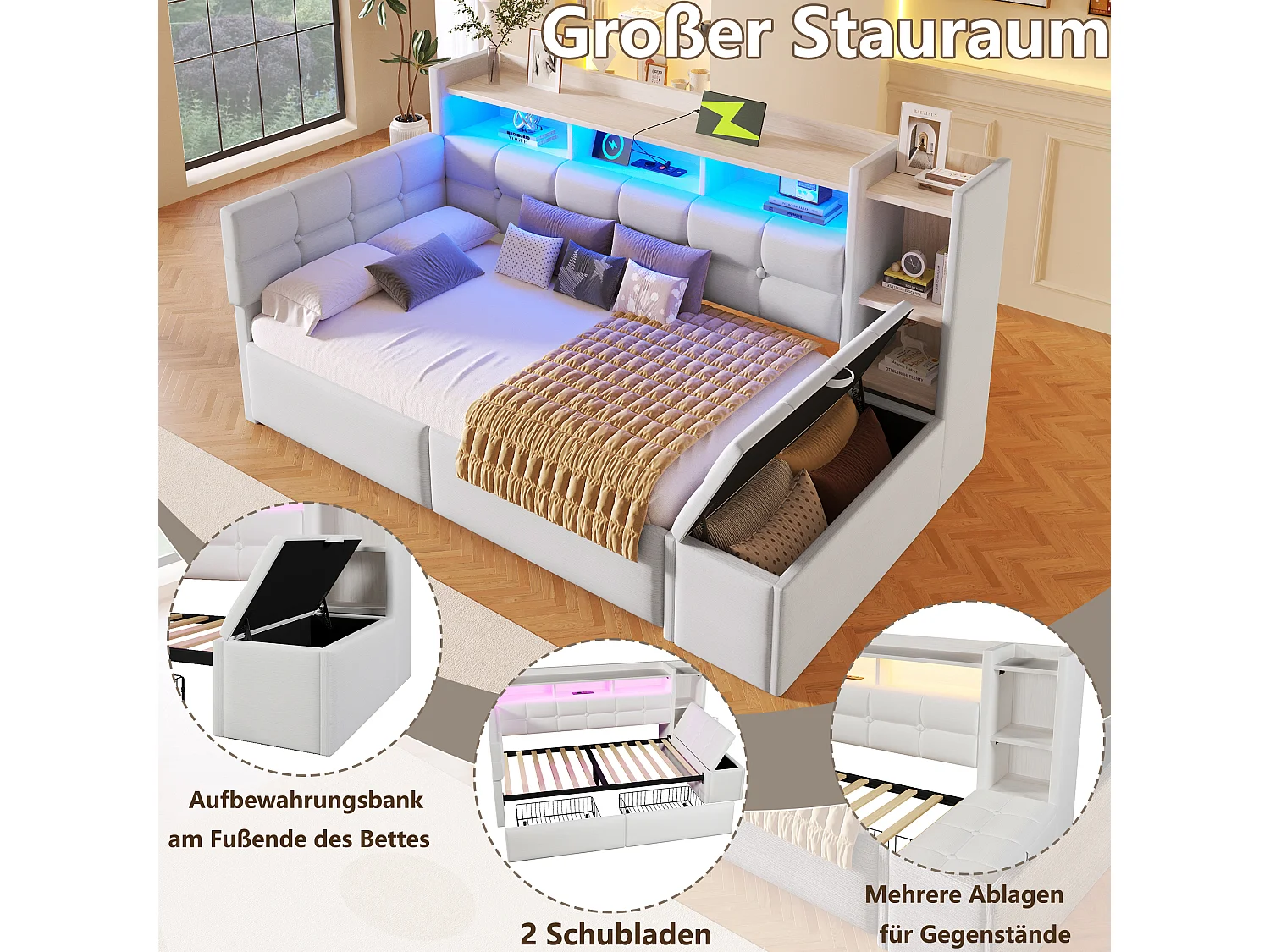 Bäddsoffa 90 x 190 cm - med 2 lådor + USB-port + hylla + förvaringsbänk + LED-lampor - sammet - vit
