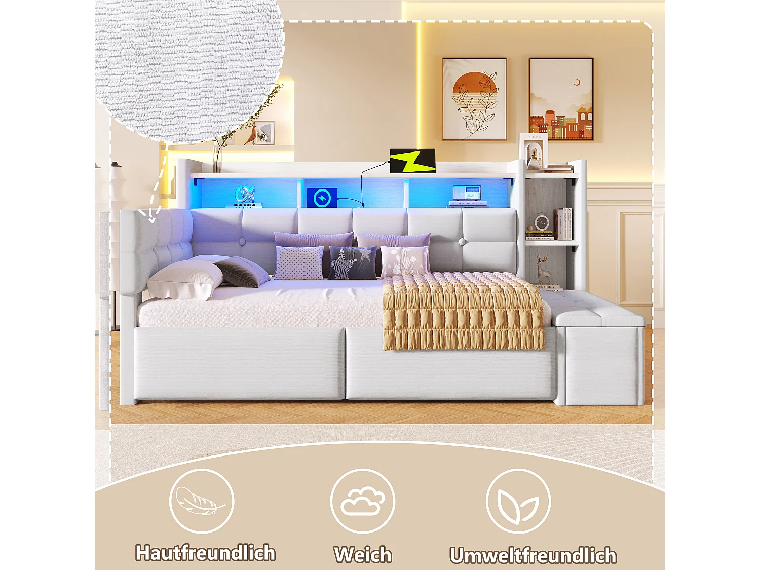 Bäddsoffa 90 x 190 cm - med 2 lådor + USB-port + hylla + förvaringsbänk + LED-lampor - sammet - vit