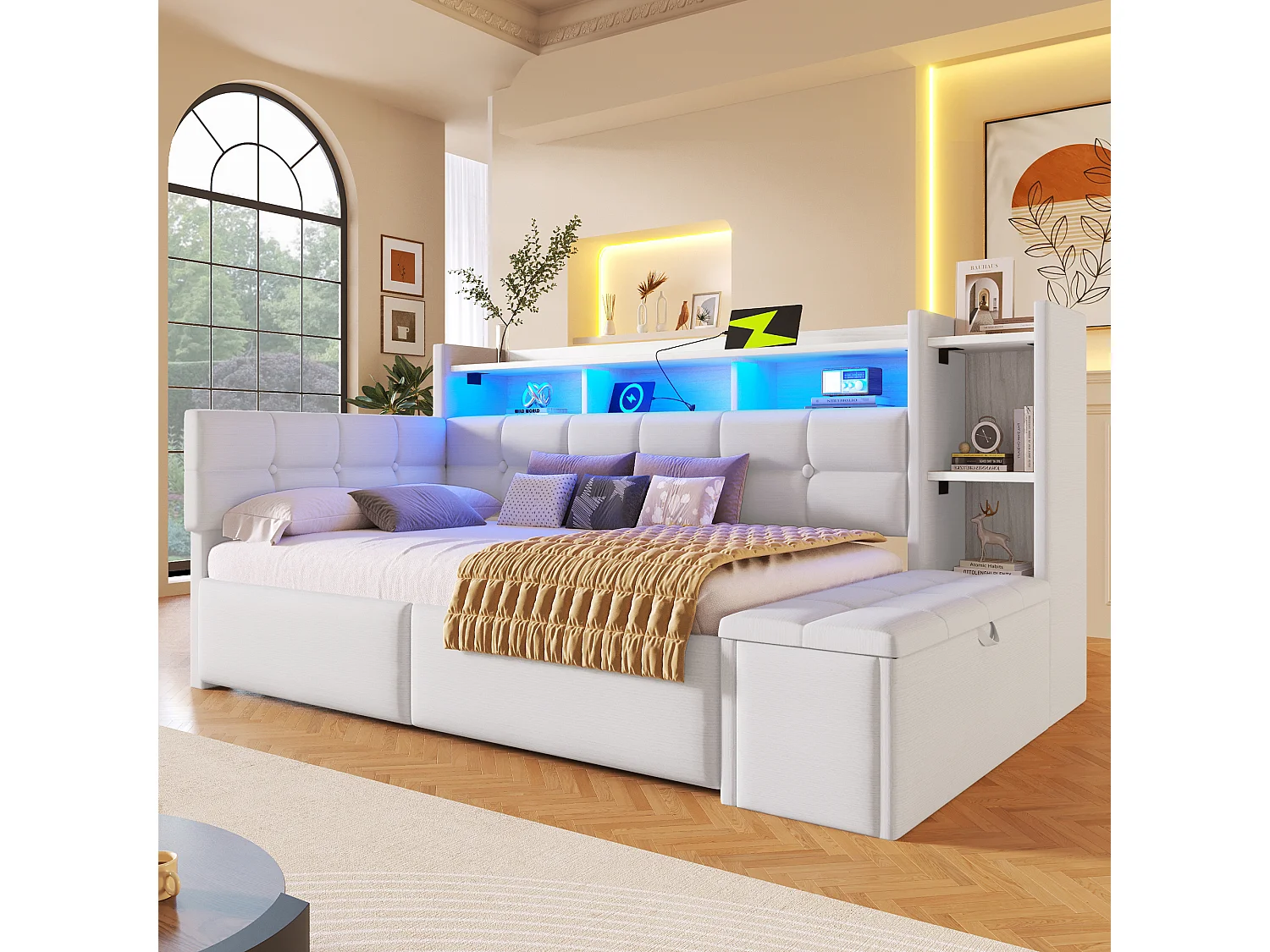 Bäddsoffa 90 x 190 cm - med 2 lådor + USB-port + hylla + förvaringsbänk + LED-lampor - sammet - vit