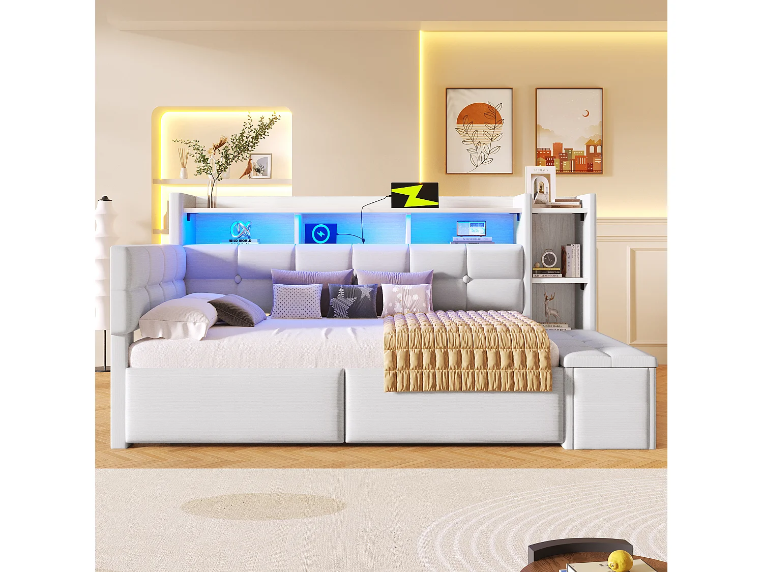 Bäddsoffa 90 x 190 cm - med 2 lådor + USB-port + hylla + förvaringsbänk + LED-lampor - sammet - vit
