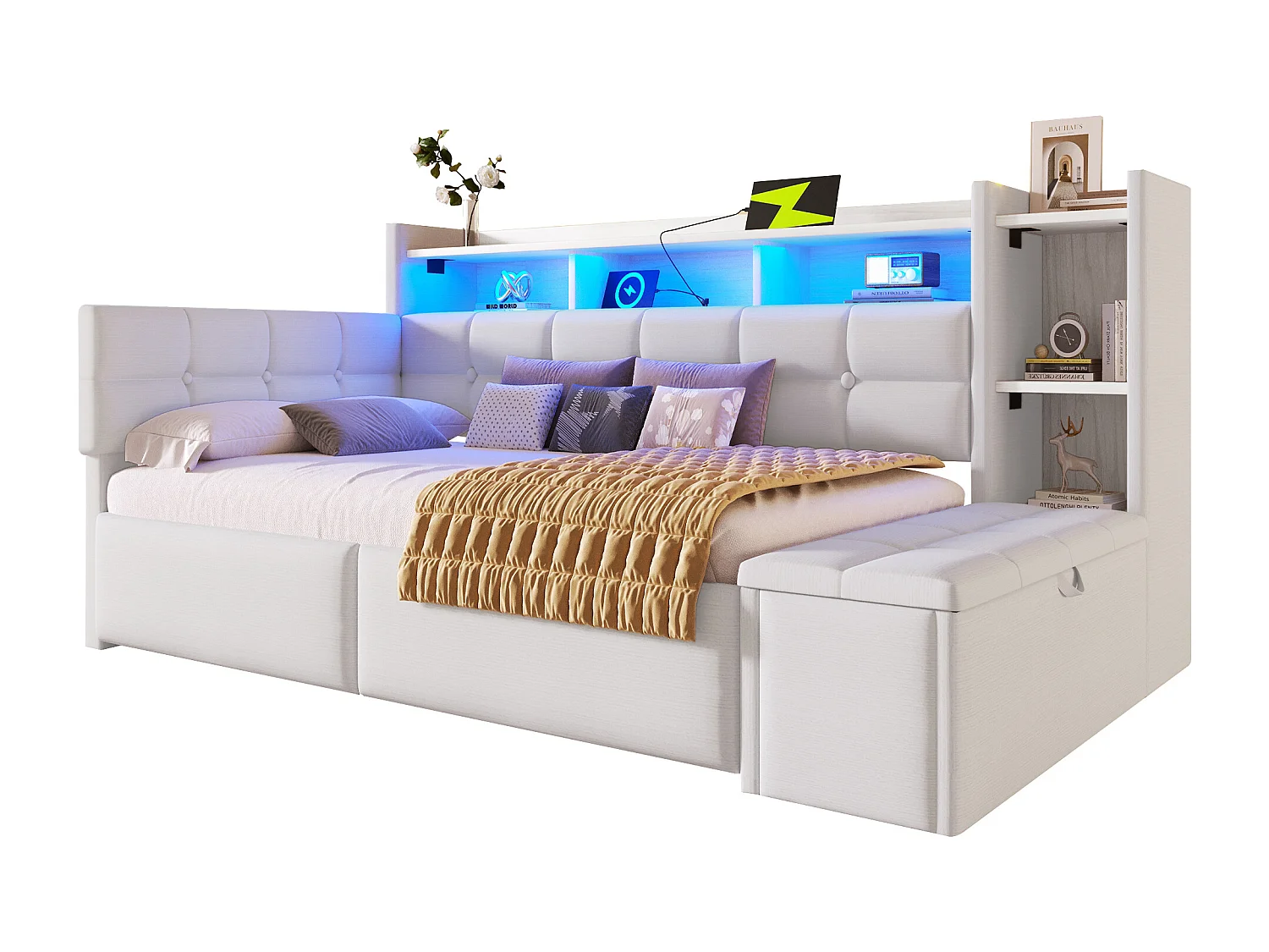 Bäddsoffa 90 x 190 cm - med 2 lådor + USB-port + hylla + förvaringsbänk + LED-lampor - sammet - vit