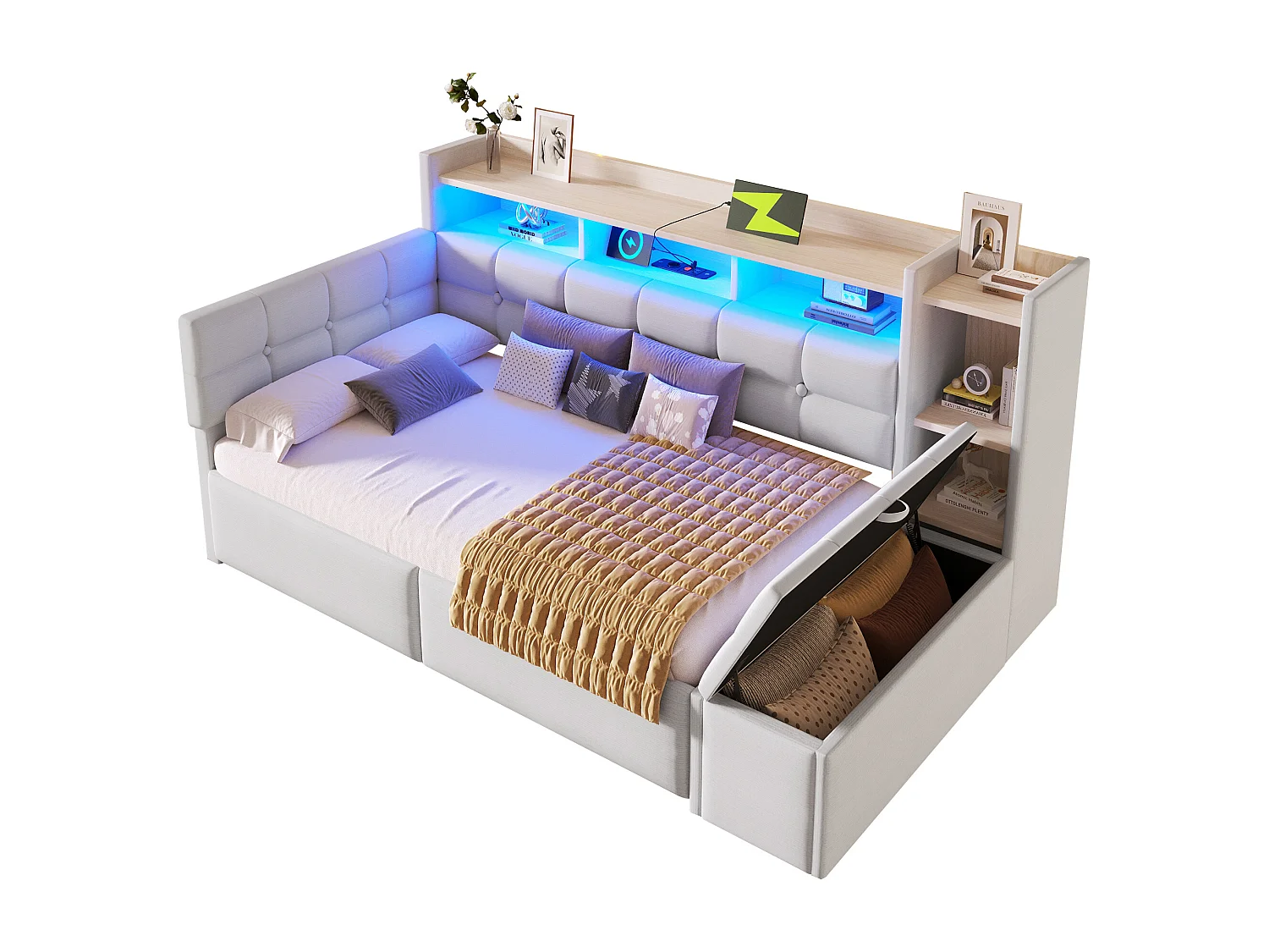 Bäddsoffa 90 x 190 cm - med 2 lådor + USB-port + hylla + förvaringsbänk + LED-lampor - sammet - vit