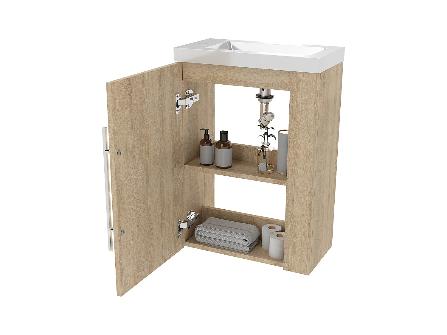 Mueble de baño flotante con lavabo, 44 x 23 x 60 cm,Color Roble,1 puerta con tirador, Muebles de Alta Calidad, AICA