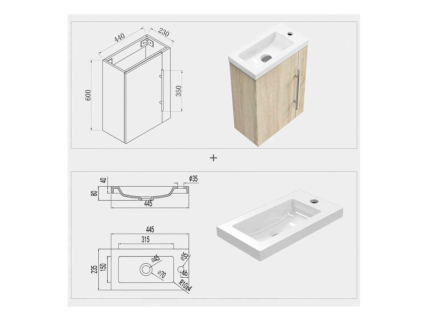 Mueble de baño flotante con lavabo, 44 x 23 x 60 cm,Color Roble,1 puerta con tirador, Muebles de Alta Calidad, AICA
