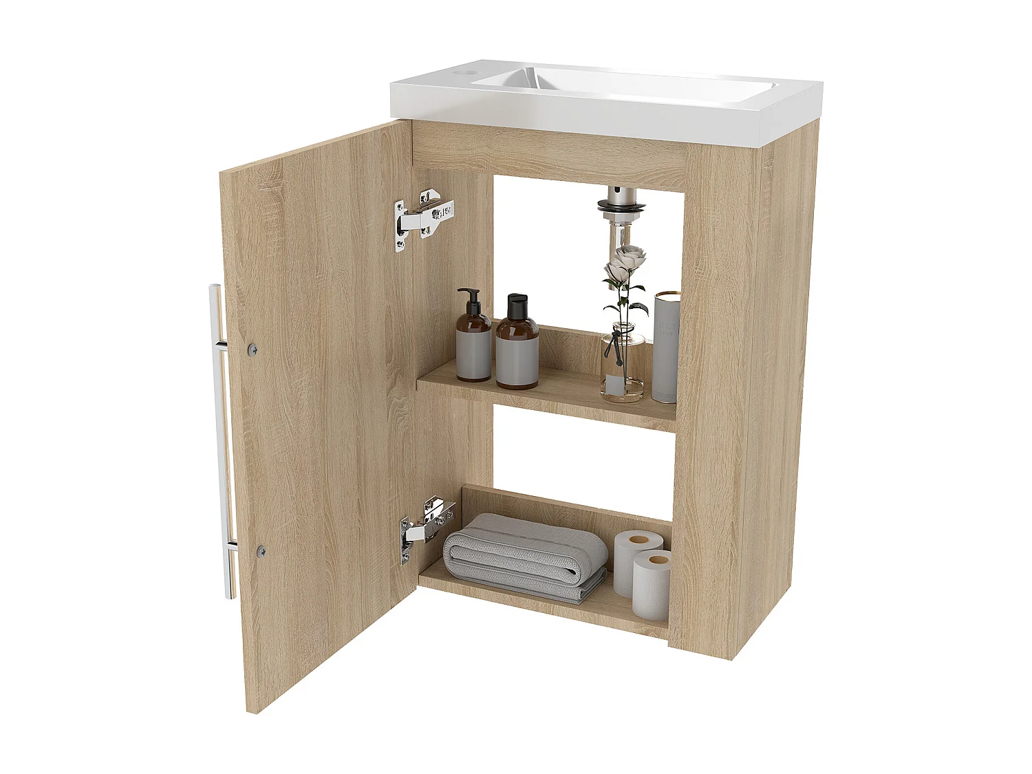 Mueble de baño flotante con lavabo, 44 x 23 x 60 cm,Color Roble,1 puerta con tirador, Muebles de Alta Calidad, AICA