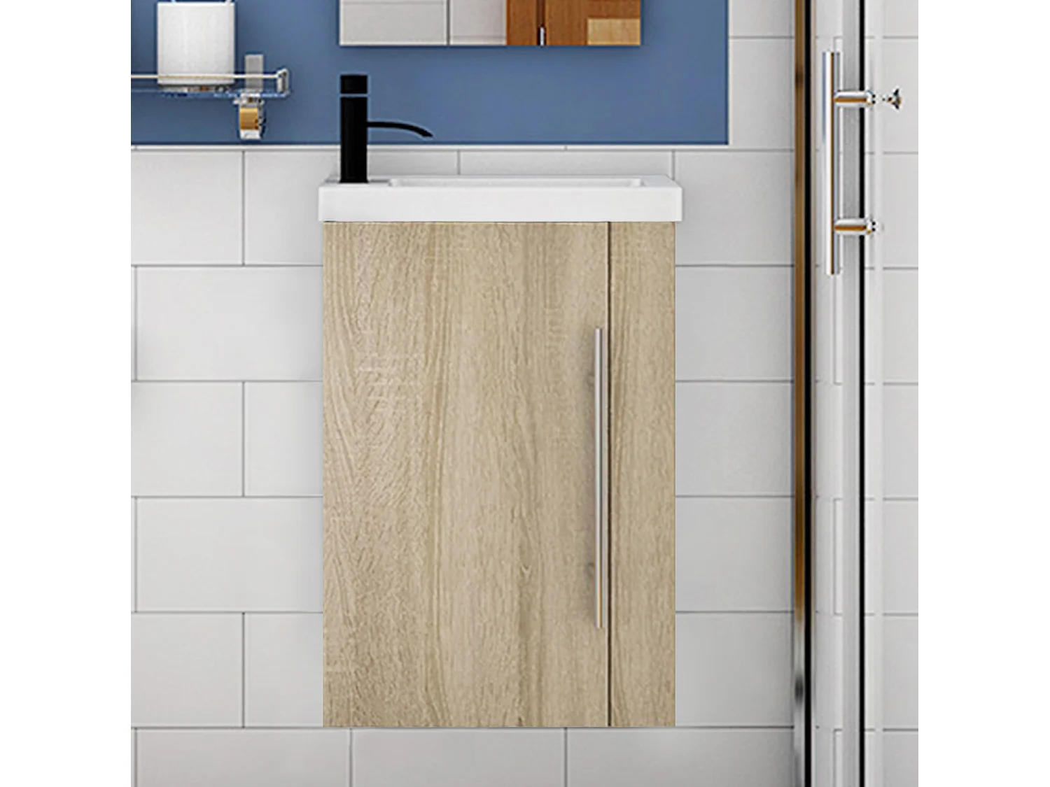 Mueble de baño flotante con lavabo, 44 x 23 x 60 cm,Color Roble,1 puerta con tirador, Muebles de Alta Calidad, AICA