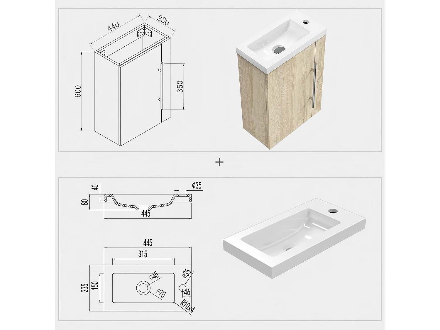 Mueble de baño flotante con lavabo, 44 x 23 x 60 cm,Color Roble,1 puerta con tirador, Muebles de Alta Calidad, AICA