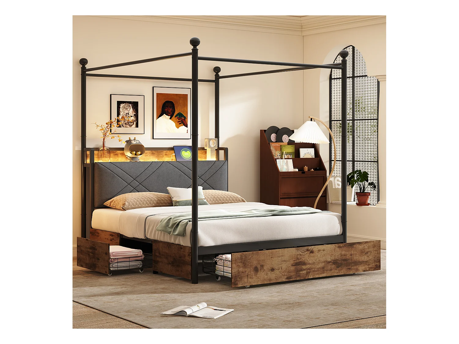 Lit en métal double - 140 x 190 cm - avec 3 tiroirs + baldaquin en fer forgé + Leds + USB/Type-C - métal - noir