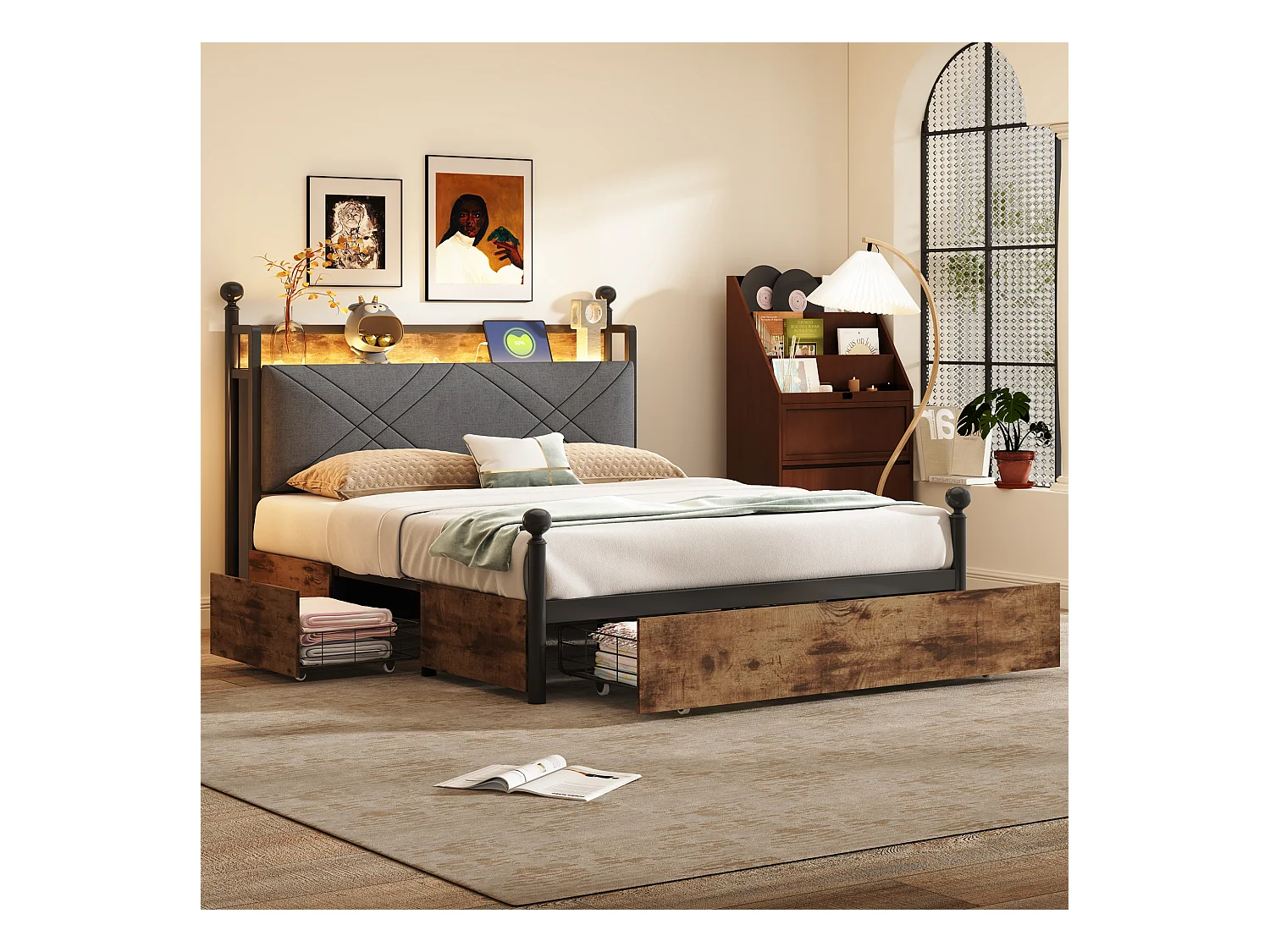 Lit en métal double - 140 x 190 cm - avec 3 tiroirs + baldaquin en fer forgé + Leds + USB/Type-C - métal - noir