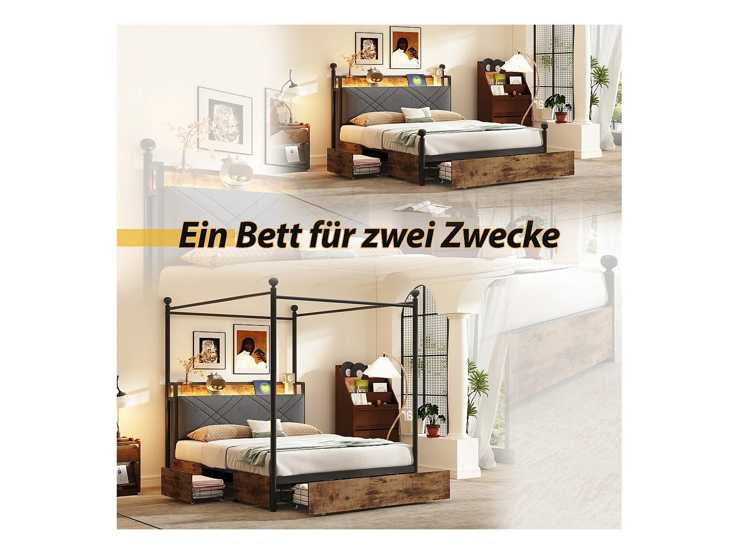 Lit en métal double - 140 x 190 cm - avec 3 tiroirs + baldaquin en fer forgé + Leds + USB/Type-C - métal - noir