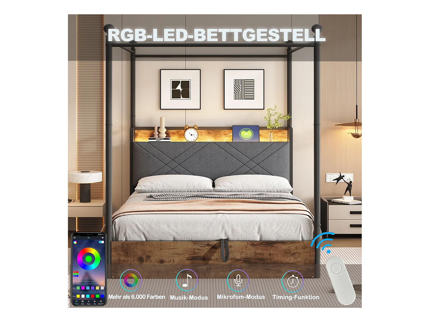 Lit en métal double - 140 x 190 cm - avec 3 tiroirs + baldaquin en fer forgé + Leds + USB/Type-C - métal - noir