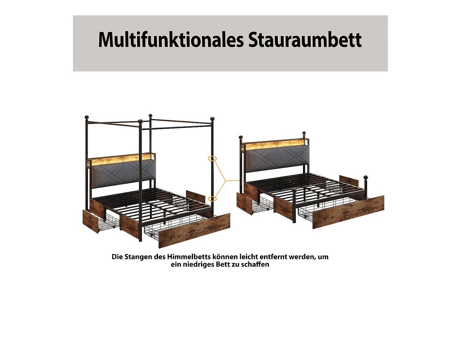 Lit en métal double - 140 x 190 cm - avec 3 tiroirs + baldaquin en fer forgé + Leds + USB/Type-C - métal - noir