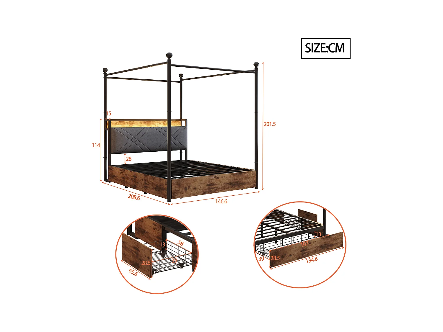 Lit en métal double - 140 x 190 cm - avec 3 tiroirs + baldaquin en fer forgé + Leds + USB/Type-C - métal - noir