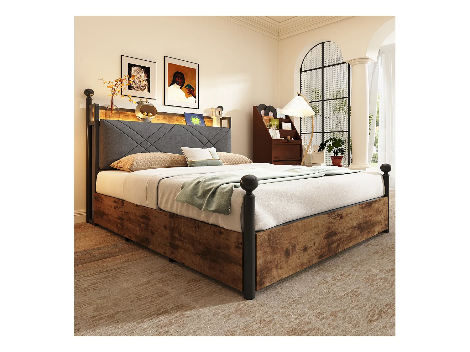 Lit en métal double - 140 x 190 cm - avec 3 tiroirs + baldaquin en fer forgé + Leds + USB/Type-C - métal - noir