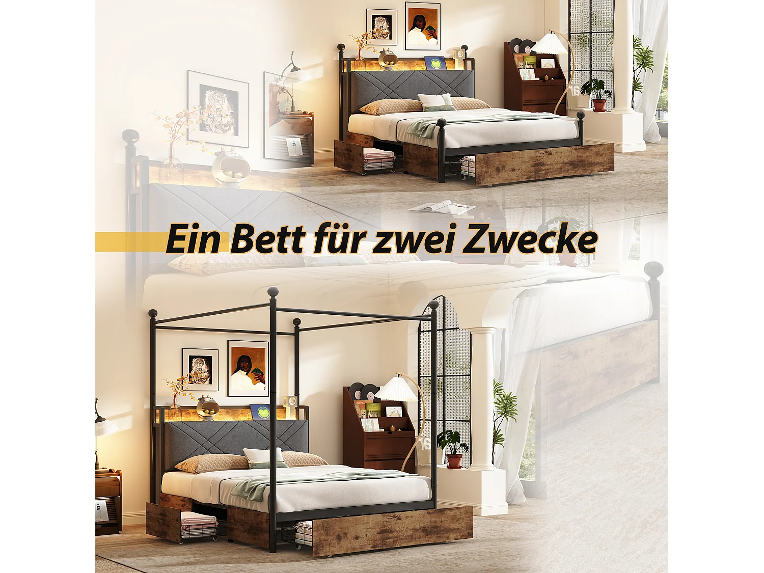 Lit en métal double - 140 x 190 cm - avec 3 tiroirs + baldaquin en fer forgé + Leds + USB/Type-C - métal - noir