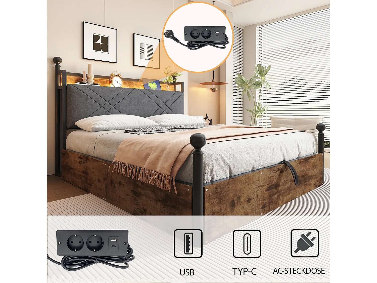 Lit en métal double - 140 x 190 cm - avec 3 tiroirs + baldaquin en fer forgé + Leds + USB/Type-C - métal - noir