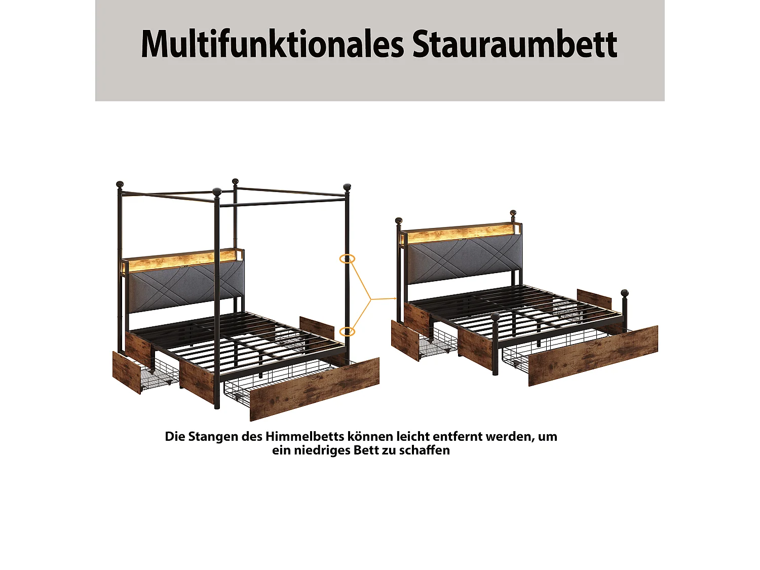 Lit en métal double - 140 x 190 cm - avec 3 tiroirs + baldaquin en fer forgé + Leds + USB/Type-C - métal - noir