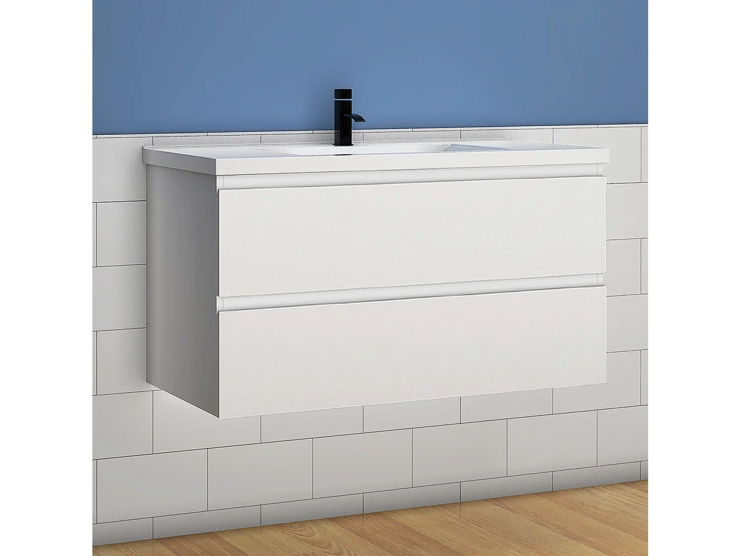 Mueble de baño flotante con lavabo, 99 x 44.5 x 52 cm, Blanco Mate,Con 2 Cajones, Muebles de Alta Calidad, AICA