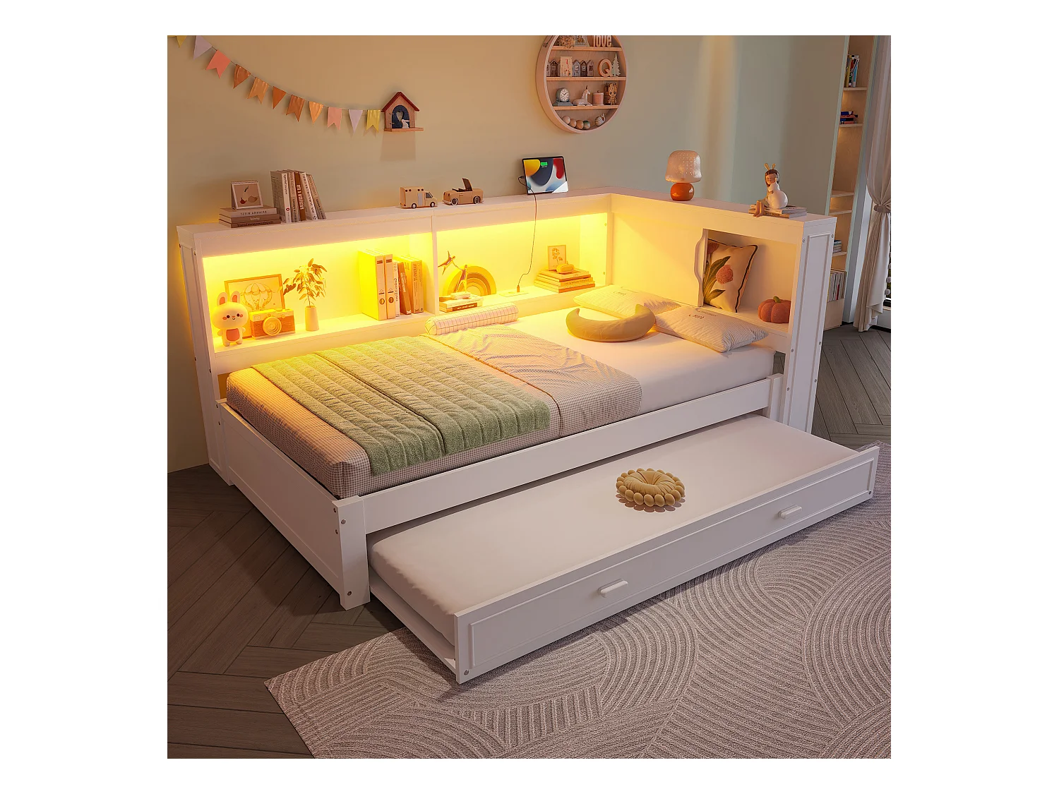Canapé-lit enfant - 90 x 200 cm - avec lit gigogne 90 x 190 cm + Leds + USB + rangements - bois - blanc