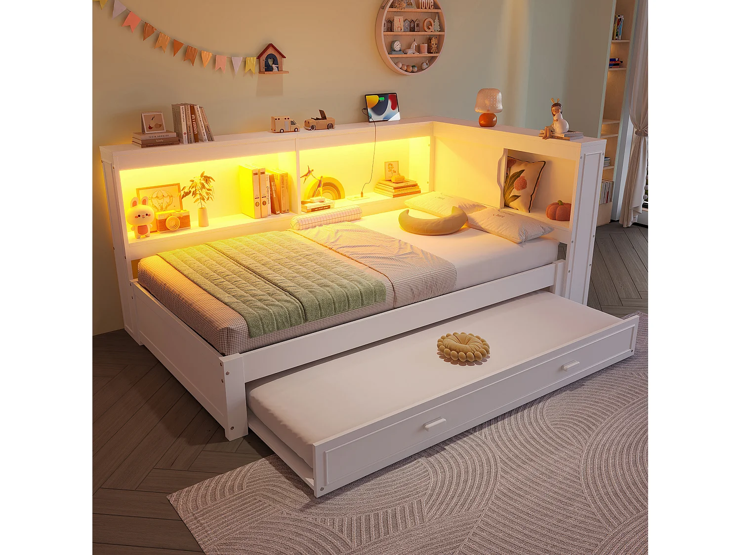 Canapé-lit enfant - 90 x 200 cm - avec lit gigogne 90 x 190 cm + Leds + USB + rangements - bois - blanc