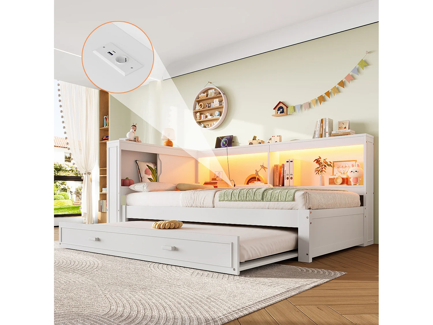 Canapé-lit enfant - 90 x 200 cm - avec lit gigogne 90 x 190 cm + Leds + USB + rangements - bois - blanc