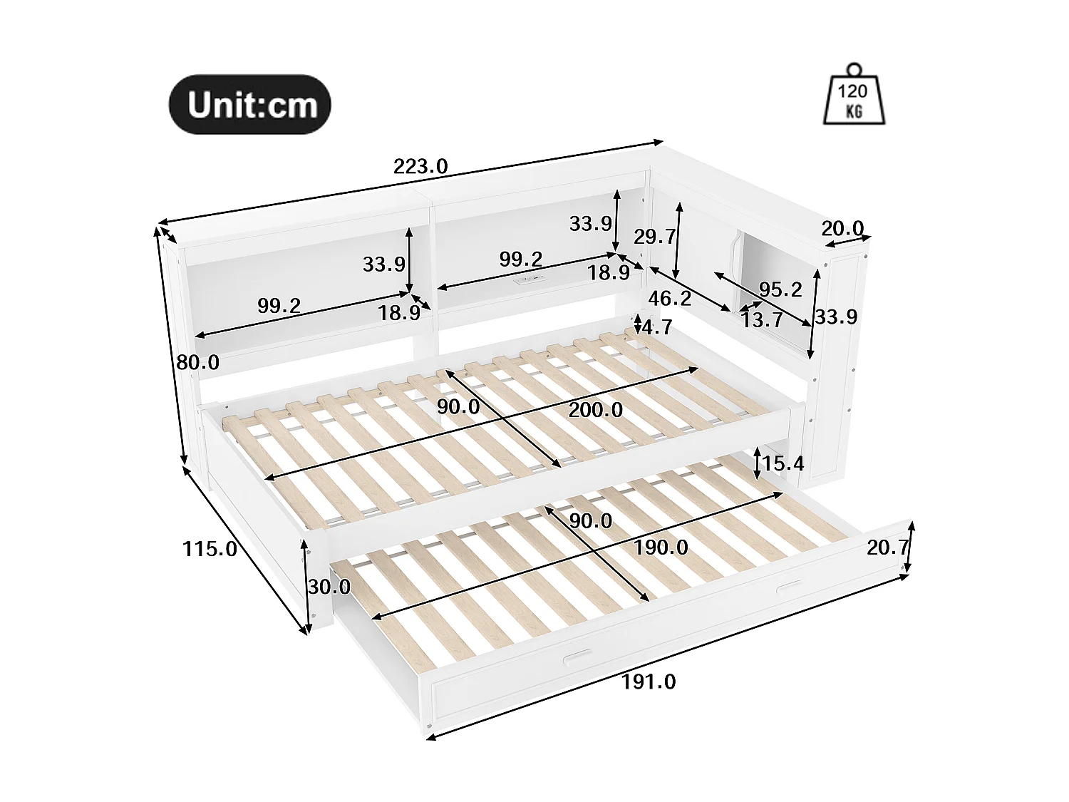 Canapé-lit enfant - 90 x 200 cm - avec lit gigogne 90 x 190 cm + Leds + USB + rangements - bois - blanc
