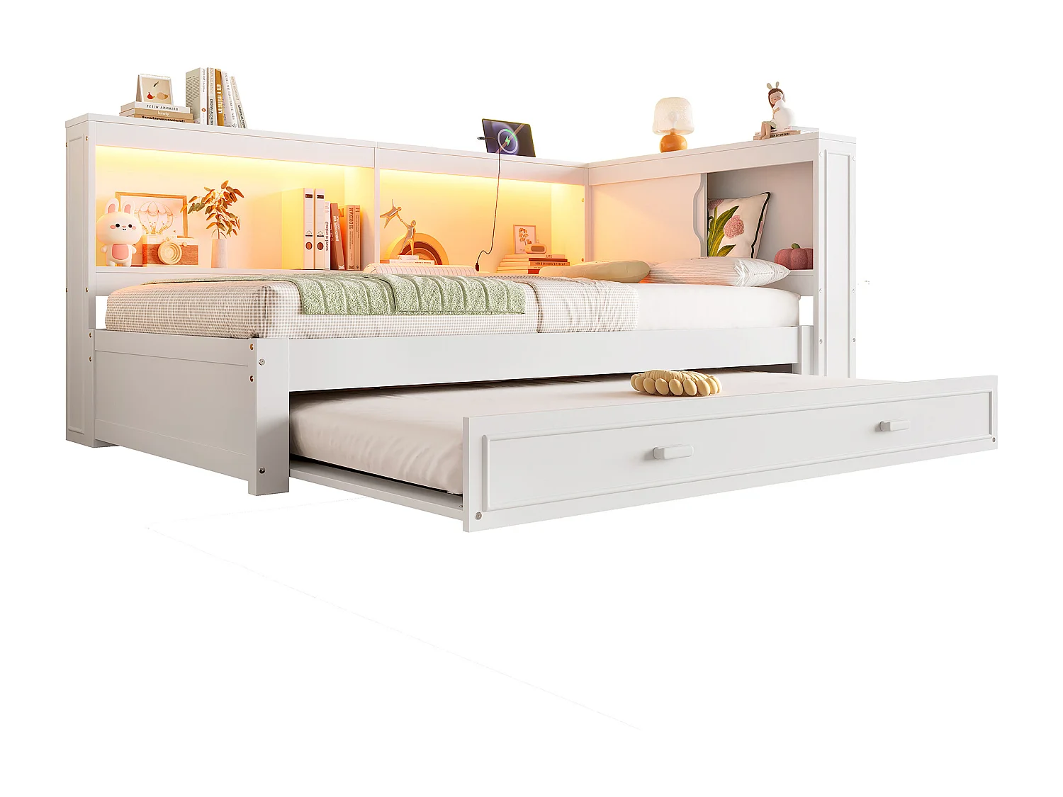 Canapé-lit enfant - 90 x 200 cm - avec lit gigogne 90 x 190 cm + Leds + USB + rangements - bois - blanc