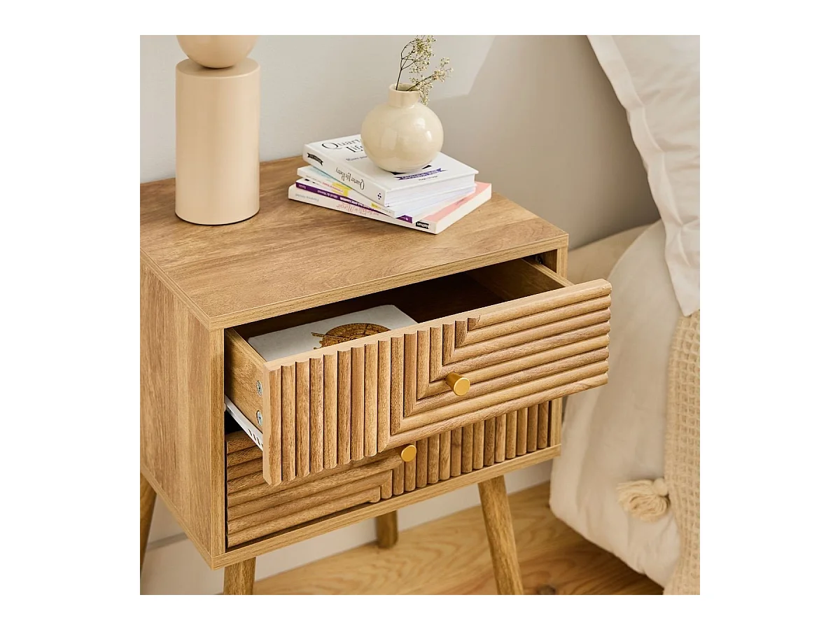 Chevet 2 tiroirs avec façades lamellées EDEN