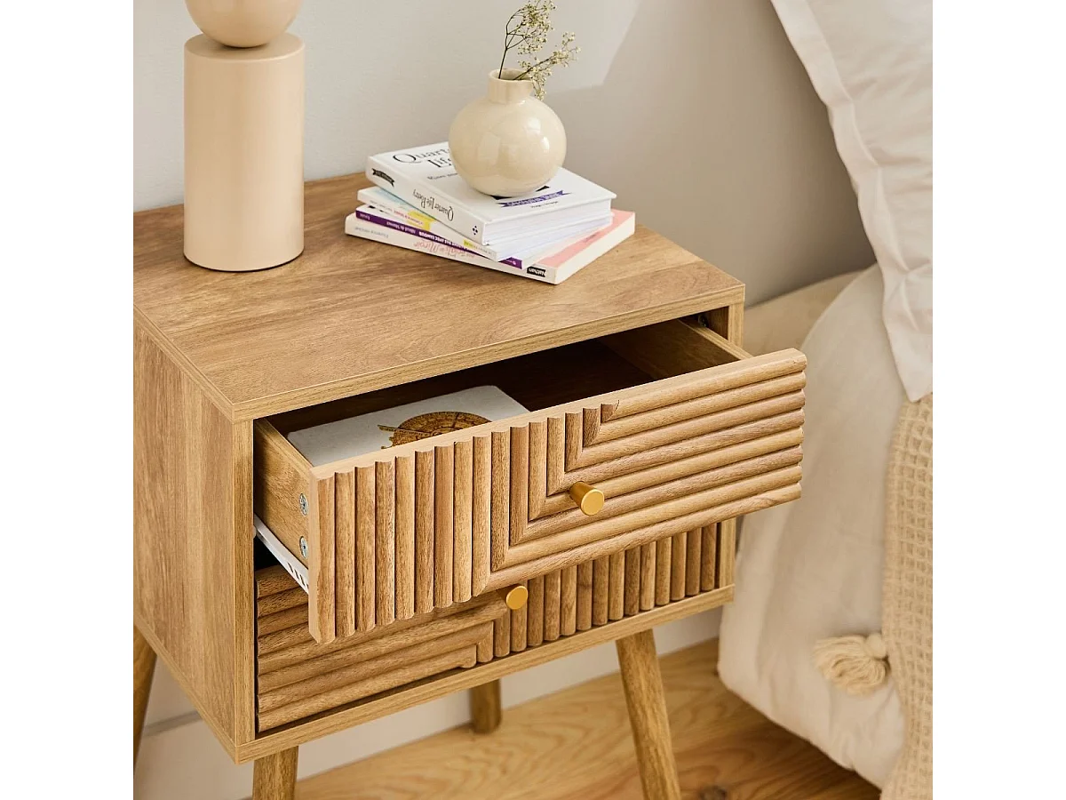 Chevet 2 tiroirs avec façades lamellées EDEN