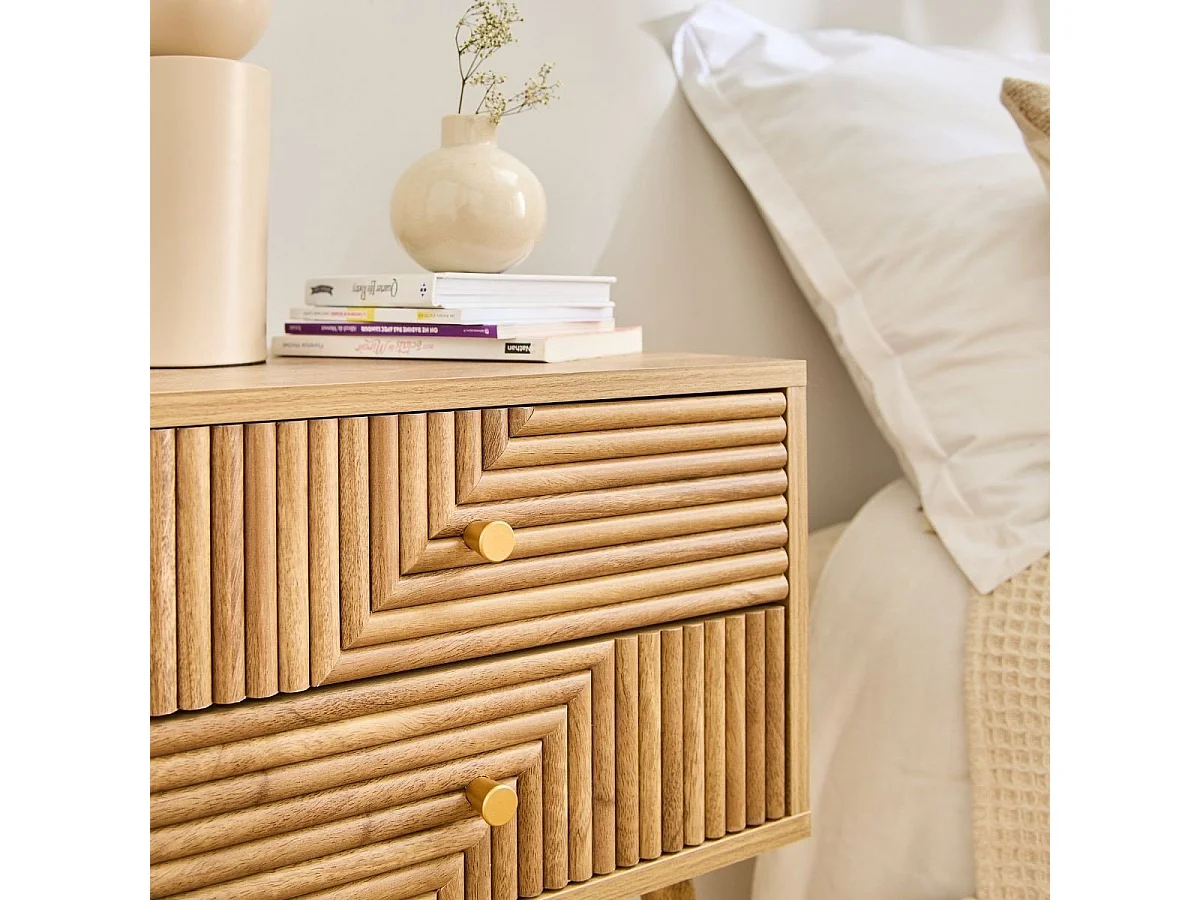 Chevet 2 tiroirs avec façades lamellées EDEN