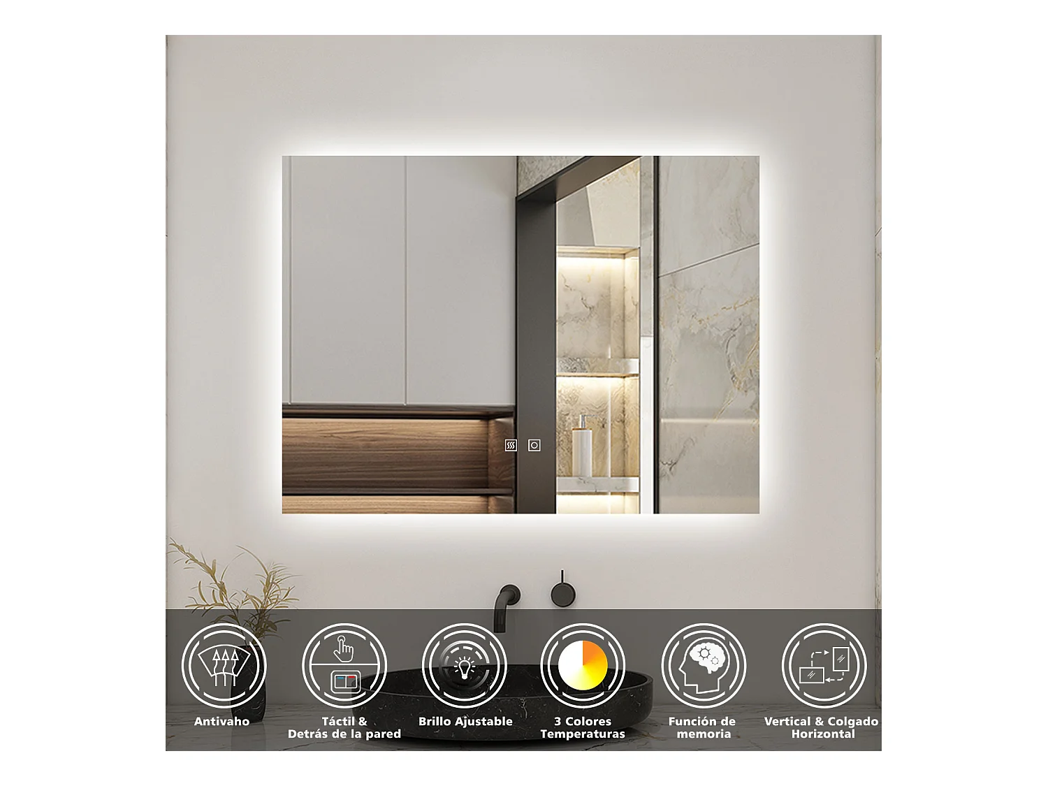 Espejo de baño con LED,80 x 60 cm, con iluminación LED de tres colores,rectangular, función antivaho, memoria de apagado y brillo ajustable.