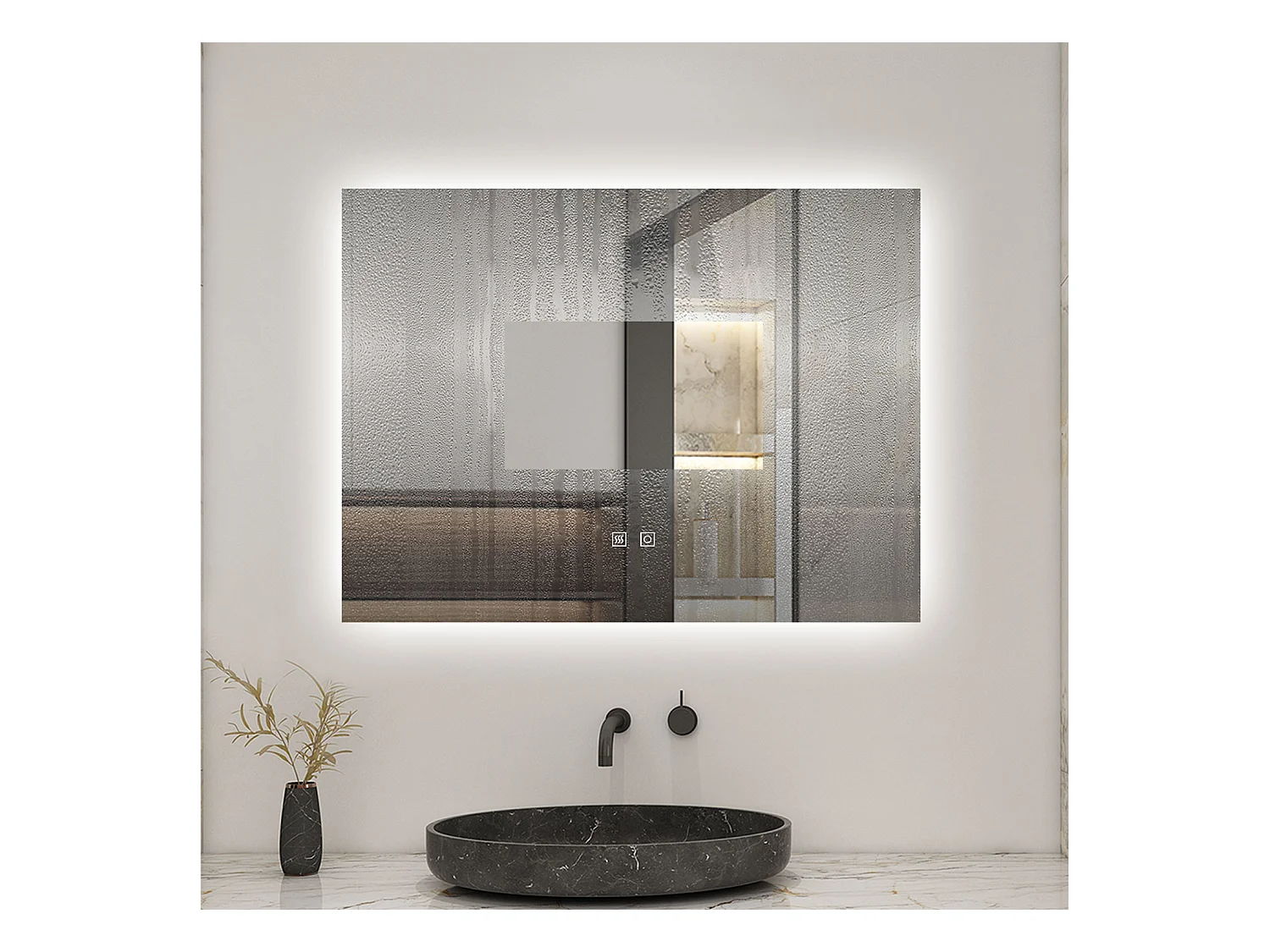 Espejo de baño con LED,80 x 60 cm, con iluminación LED de tres colores,rectangular, función antivaho, memoria de apagado y brillo ajustable.