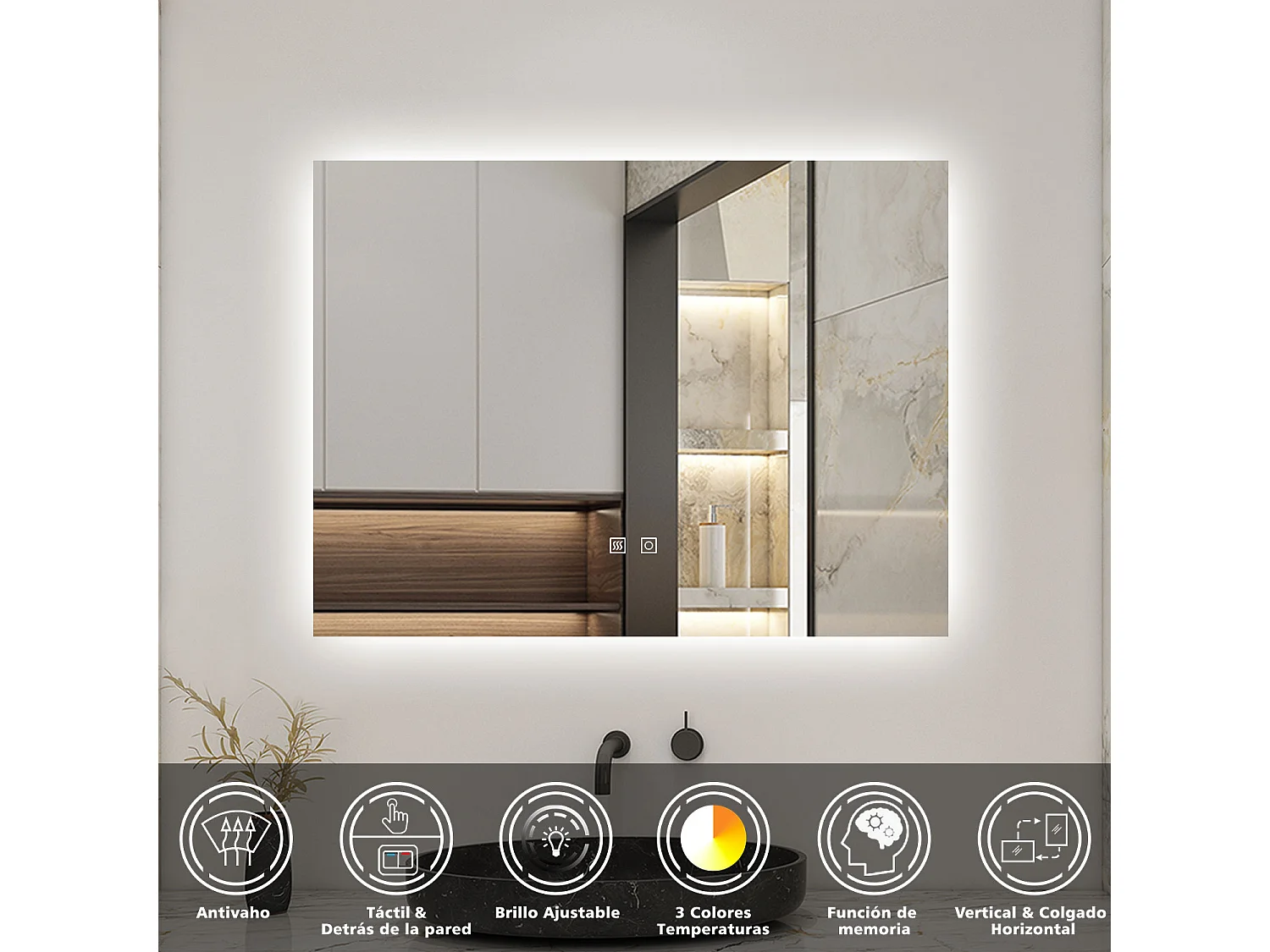 Espejo de baño con LED,80 x 60 cm, con iluminación LED de tres colores,rectangular, función antivaho, memoria de apagado y brillo ajustable.