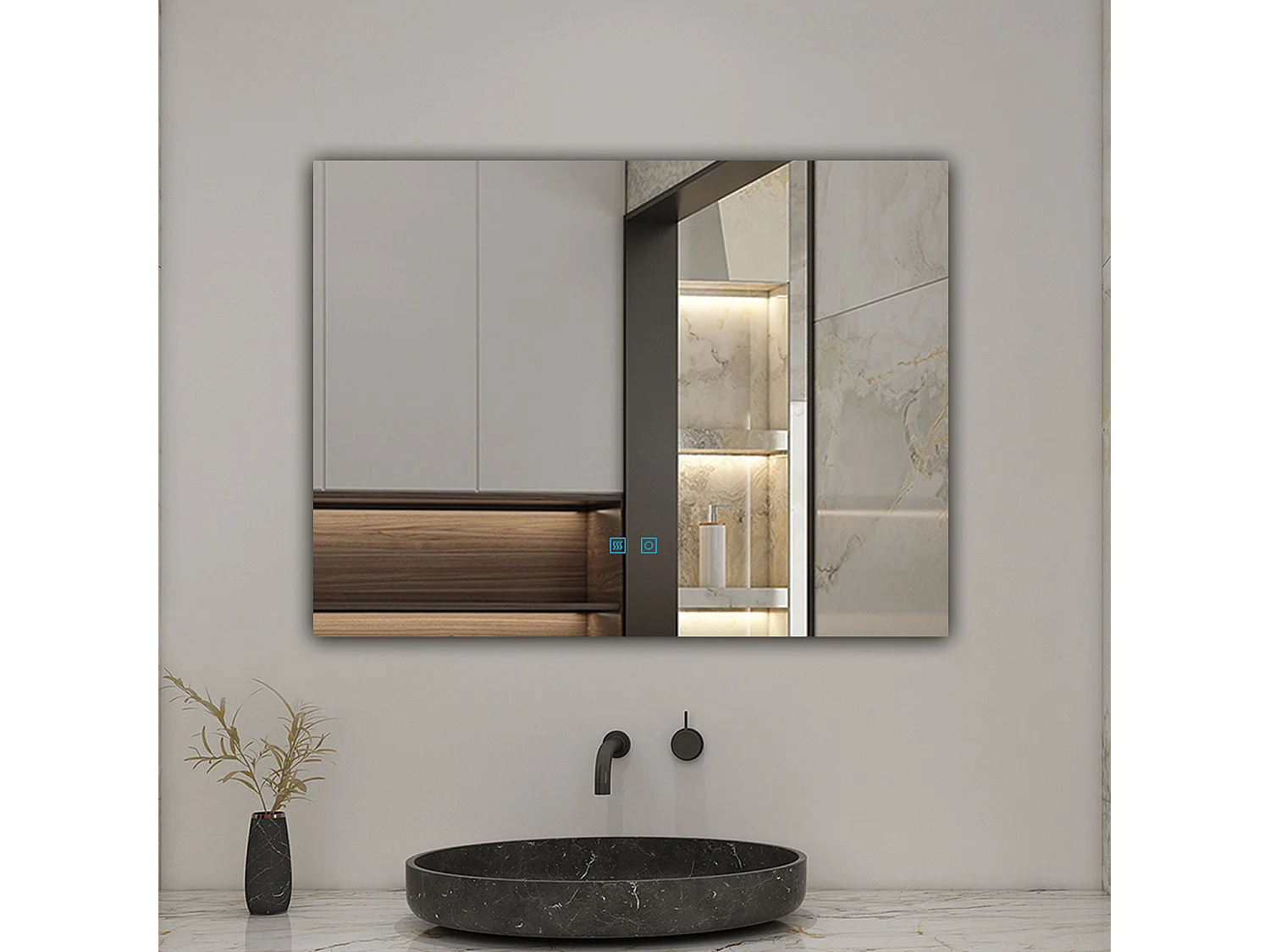 Espejo de baño con LED,80 x 60 cm, con iluminación LED de tres colores,rectangular, función antivaho, memoria de apagado y brillo ajustable.