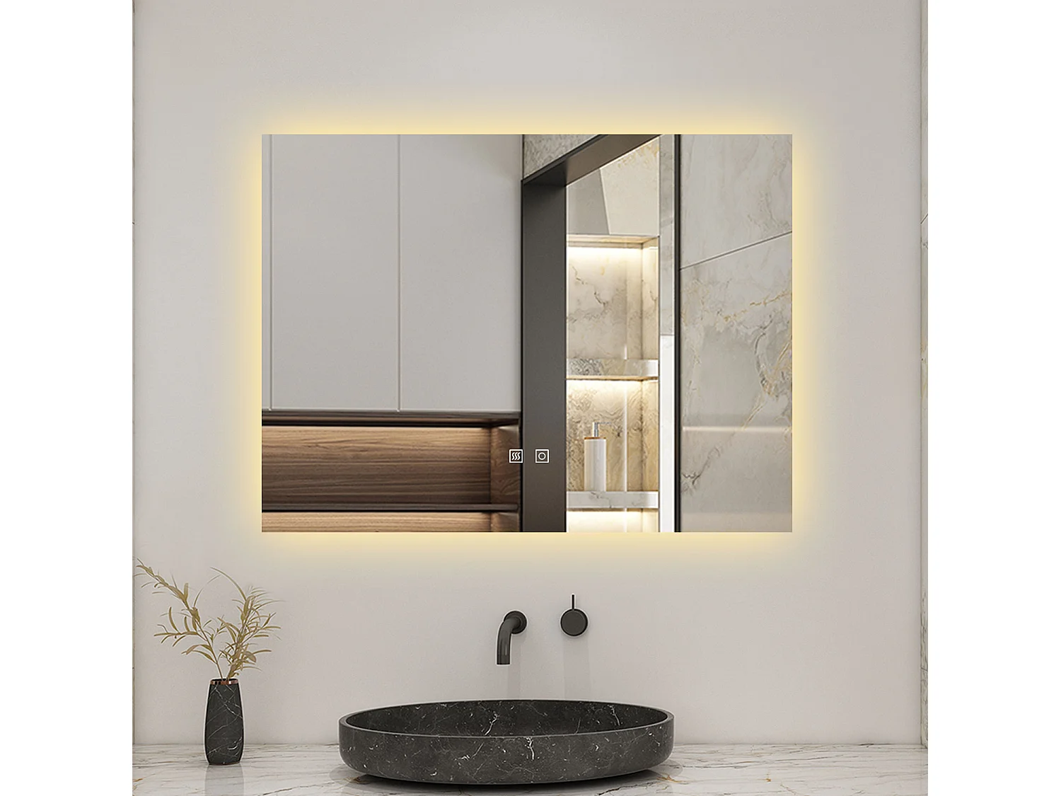 Espejo de baño con LED,80 x 60 cm, con iluminación LED de tres colores,rectangular, función antivaho, memoria de apagado y brillo ajustable.