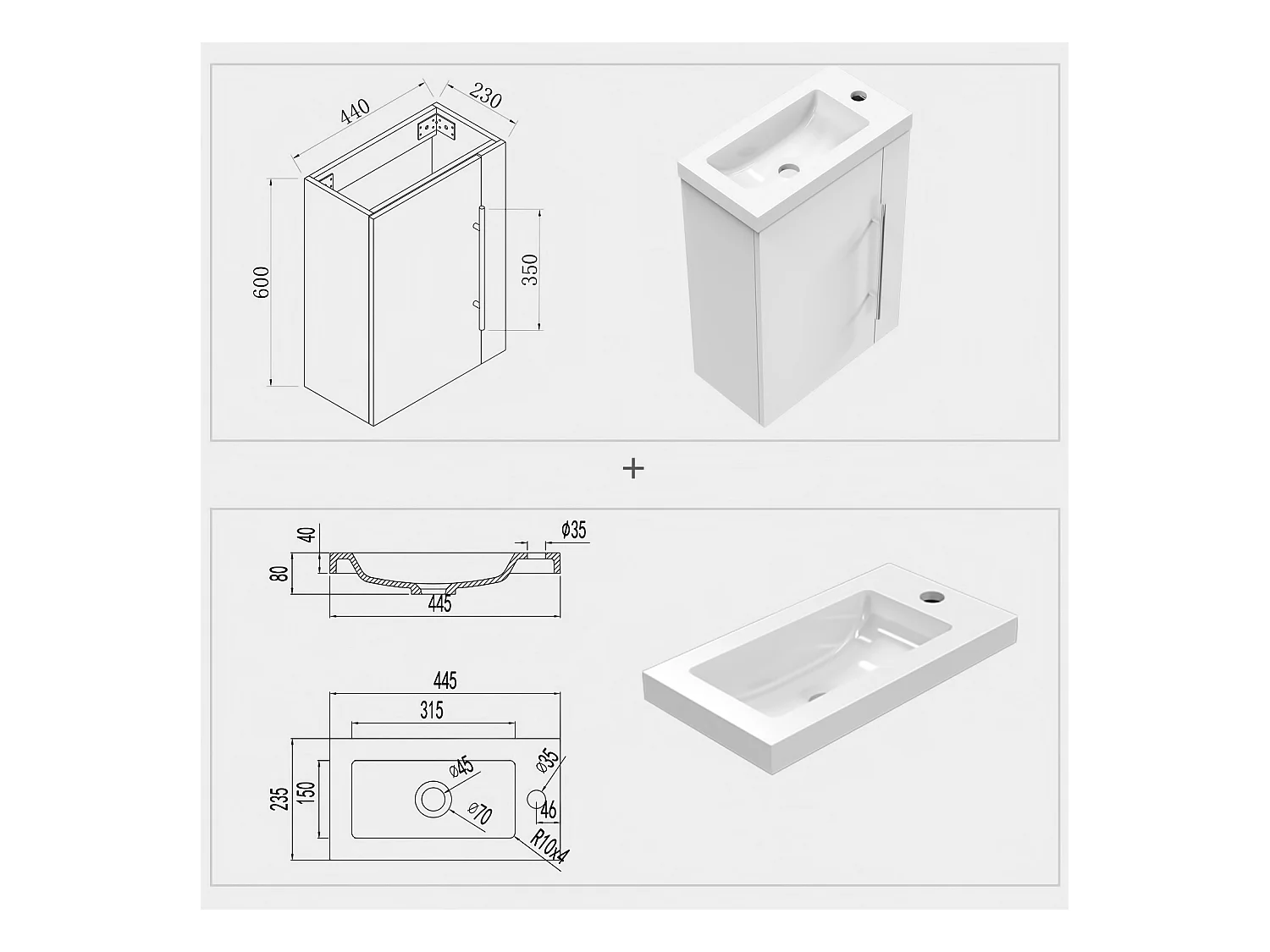 Mueble de baño flotante con lavabo, 44 x 23 x 60 cm,Color Roble,1 puerta con tirador, Muebles de Alta Calidad, AICA