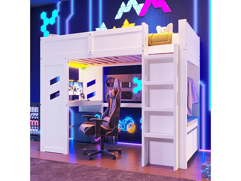 Lit mezzanine pour enfant - 90 x 200 cm - avec bureau + Leds + port USB + 2 tiroirs - bois - blanc