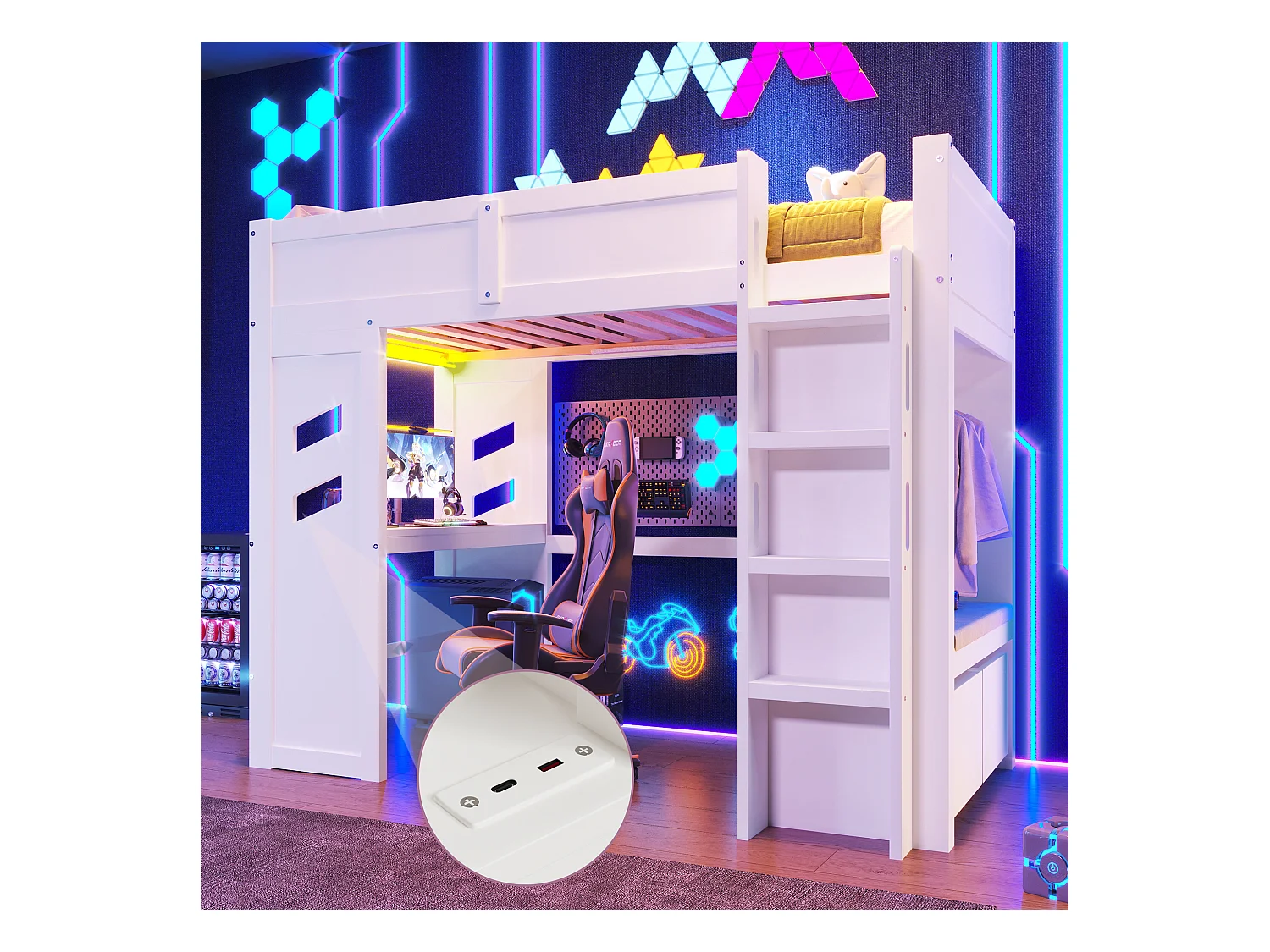 Lit mezzanine pour enfant - 90 x 200 cm - avec bureau + Leds + port USB + 2 tiroirs - bois - blanc